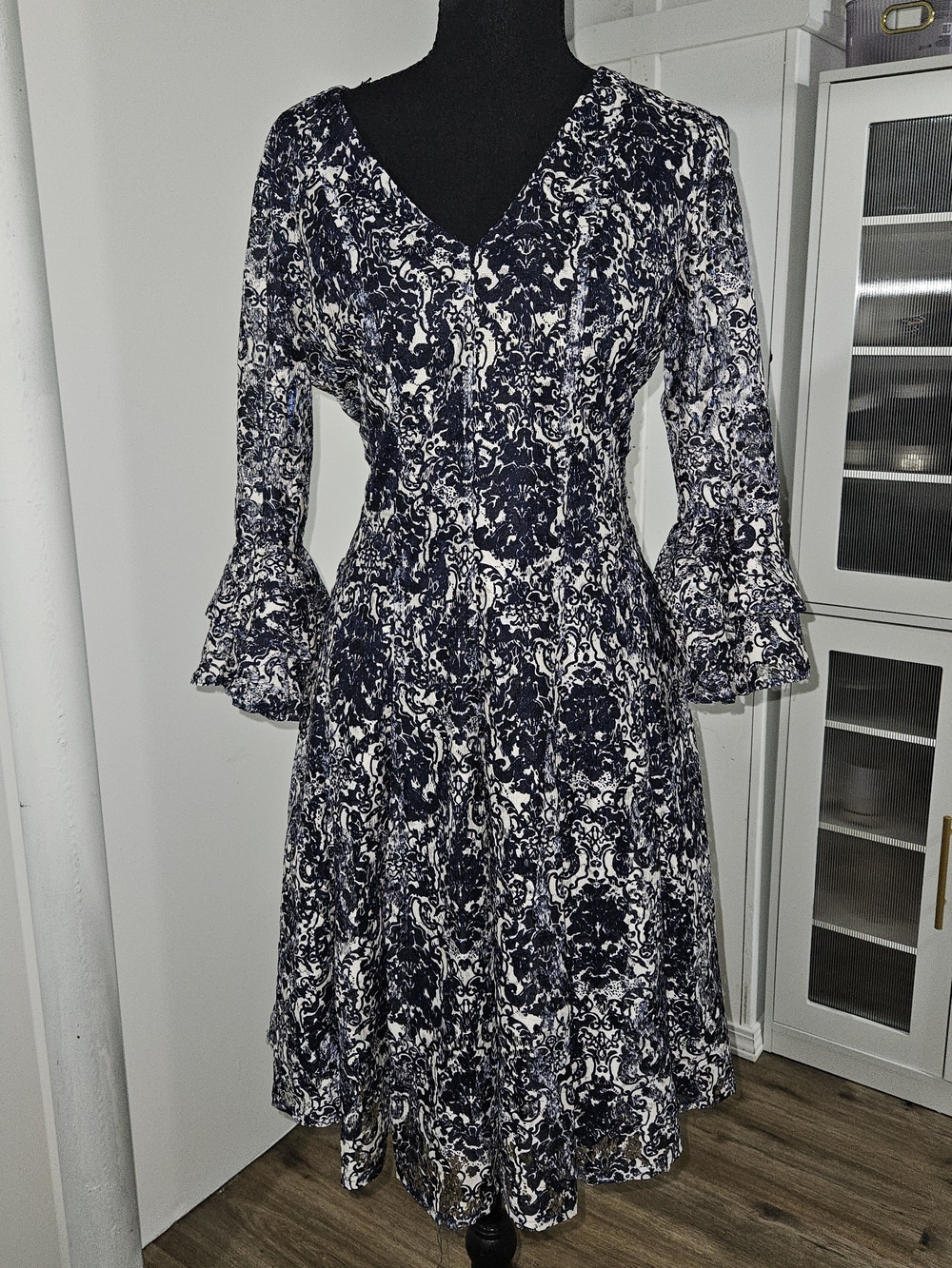 Navy & White Printed V-Neck Midi Dress with Bell Sleeves